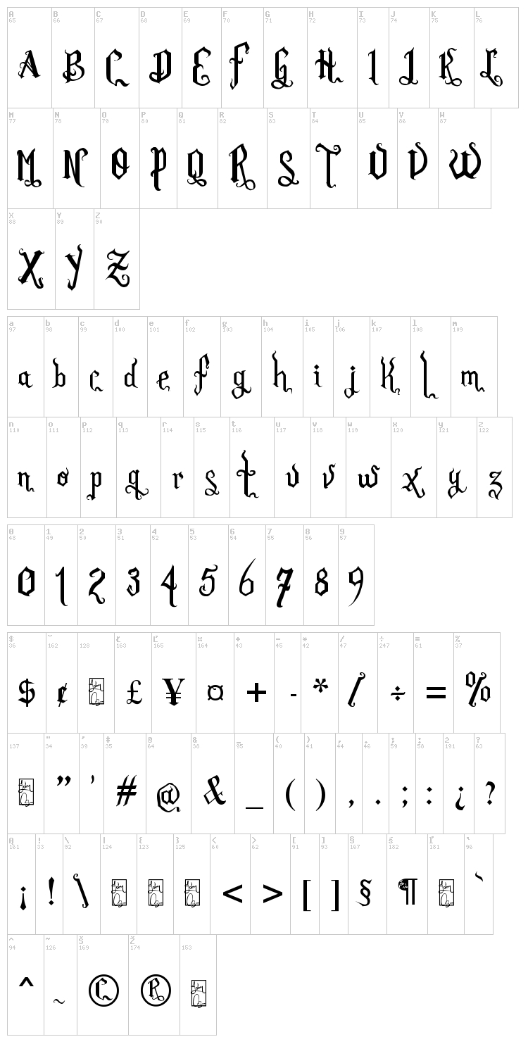 Romance Fatal Goth font map